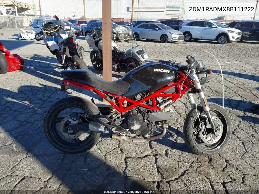 2008 Ducati Monster 695 VIN: ZDM1RADMX8B111222 Lot: 43816280
