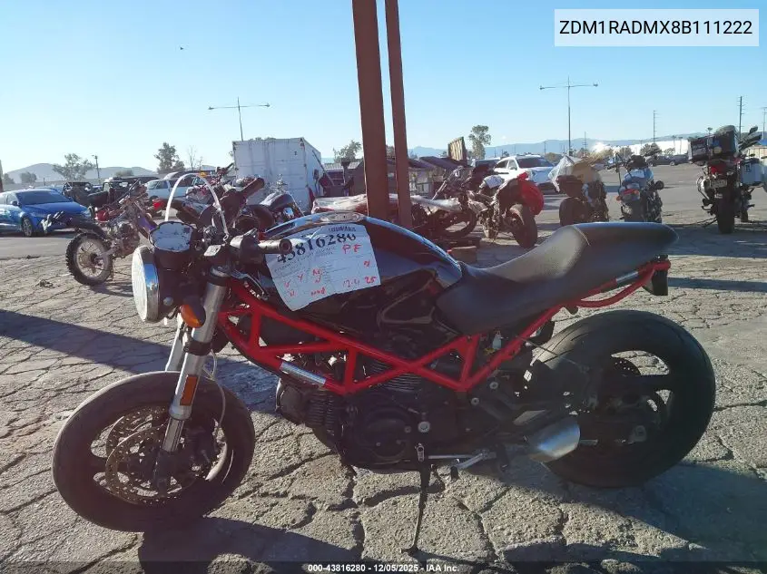 2008 Ducati Monster 695 VIN: ZDM1RADMX8B111222 Lot: 43816280
