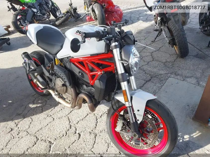 2016 Ducati Monster 821 VIN: ZDM1RBTS0GB018777 Lot: 43989784