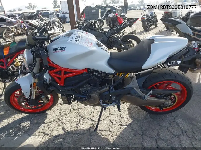 2016 Ducati Monster 821 VIN: ZDM1RBTS0GB018777 Lot: 43989784