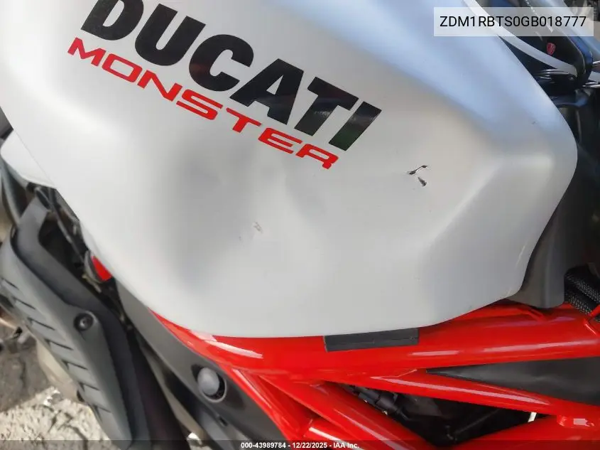 2016 Ducati Monster 821 VIN: ZDM1RBTS0GB018777 Lot: 43989784