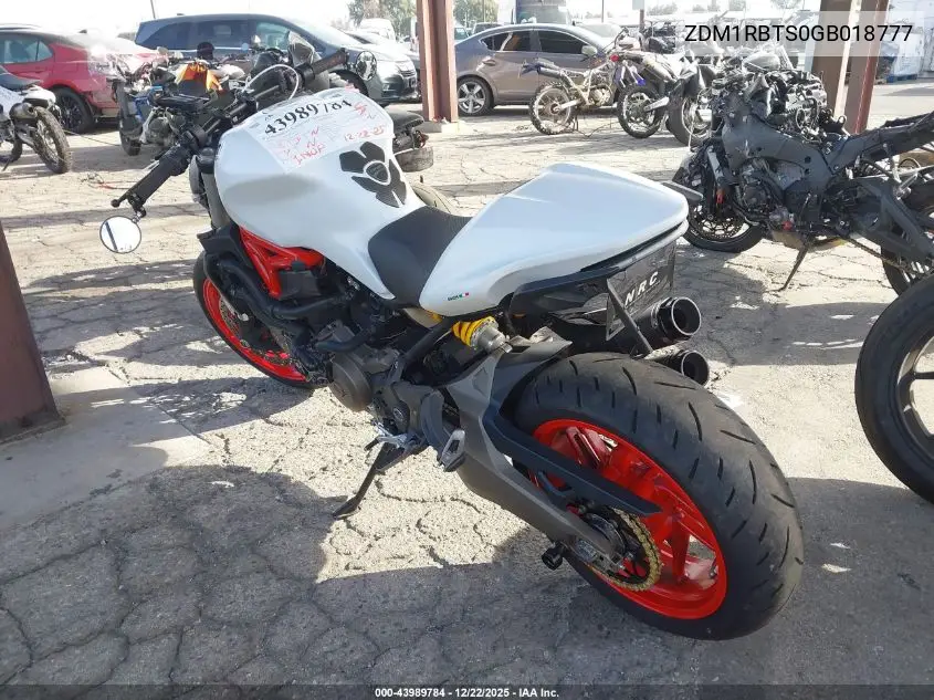 2016 Ducati Monster 821 VIN: ZDM1RBTS0GB018777 Lot: 43989784