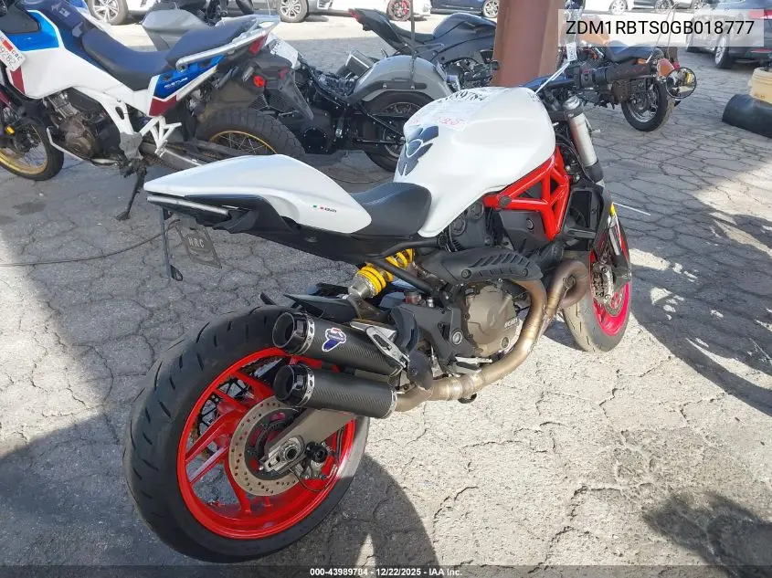 2016 Ducati Monster 821 VIN: ZDM1RBTS0GB018777 Lot: 43989784