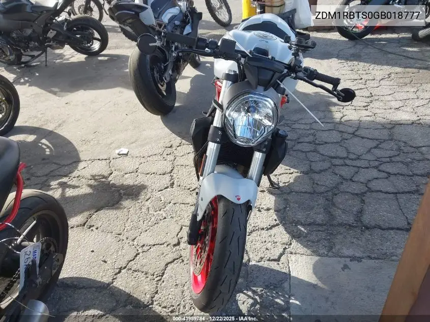 2016 Ducati Monster 821 VIN: ZDM1RBTS0GB018777 Lot: 43989784