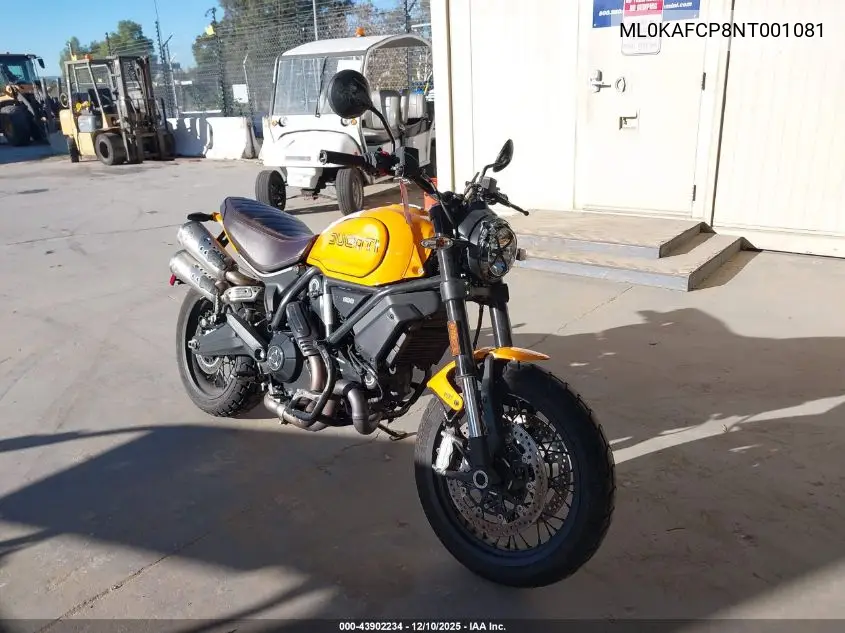2022 Ducati Scrambler 1100/1100 Special/1100 Sport/1100 Dark Pro VIN: ML0KAFCP8NT001081 Lot: 43902234