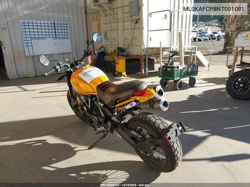 2022 Ducati Scrambler 1100/1100 Special/1100 Sport/1100 Dark Pro VIN: ML0KAFCP8NT001081 Lot: 43902234