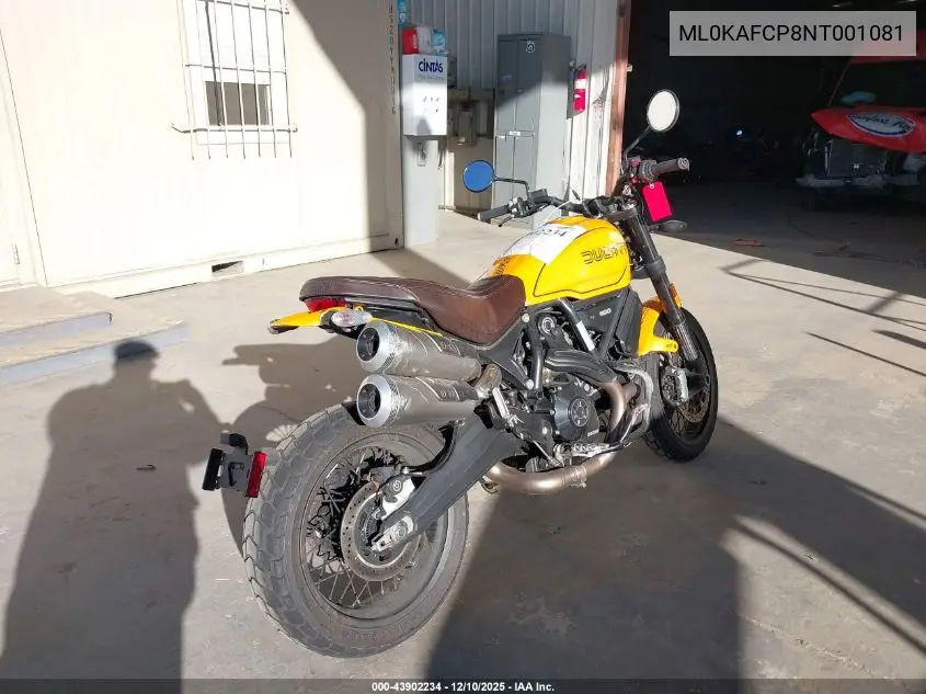 2022 Ducati Scrambler 1100/1100 Special/1100 Sport/1100 Dark Pro VIN: ML0KAFCP8NT001081 Lot: 43902234