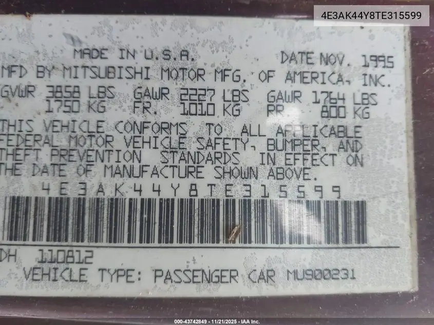 4E3AK44Y8TE315599 1996 Eagle Talon Esi