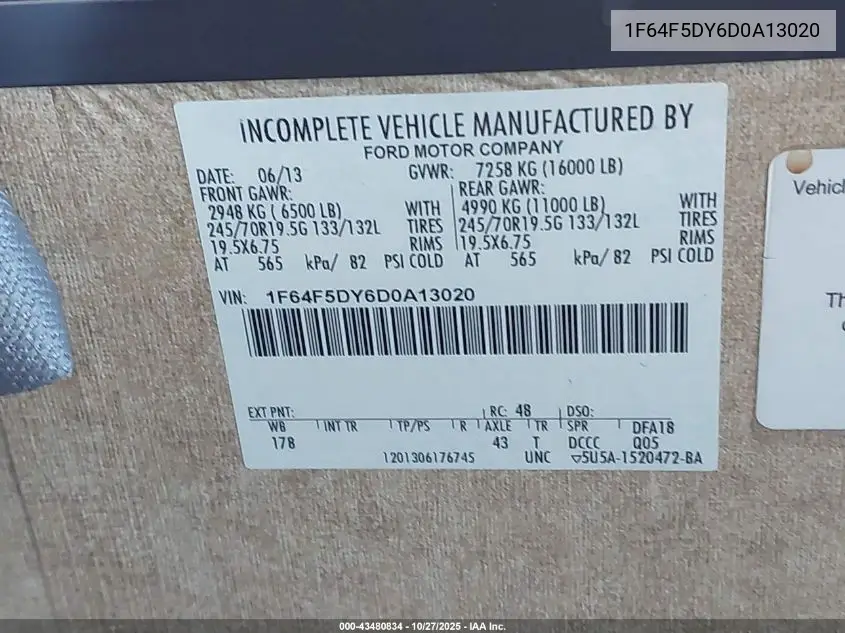 2013 Ford F53 VIN: 1F64F5DY6D0A13020 Lot: 43480834