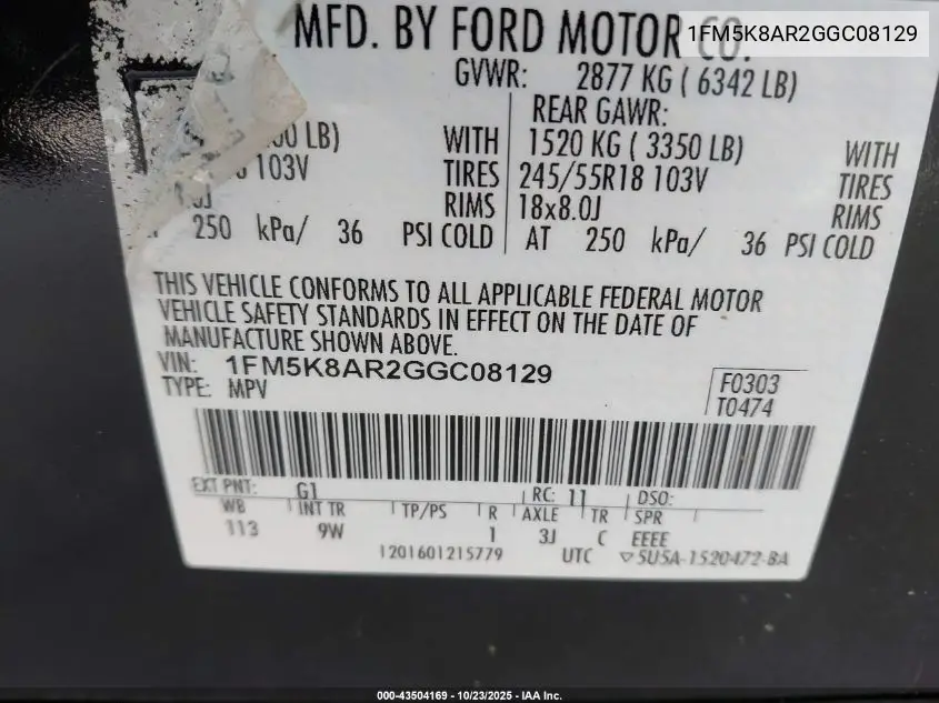 1FM5K8AR2GGC08129 2016 Ford Utility Police Interceptor