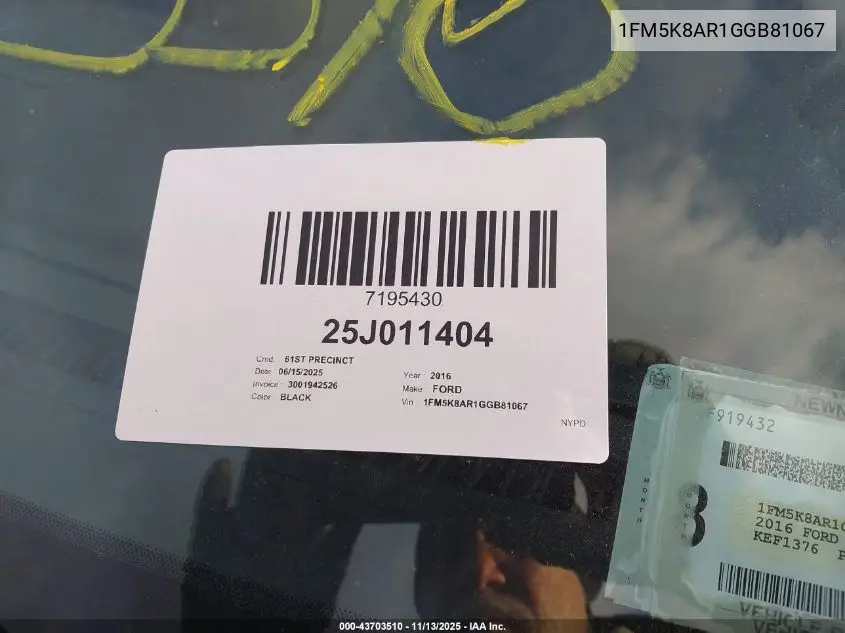 1FM5K8AR1GGB81067 2016 Ford Utility Police Interceptor