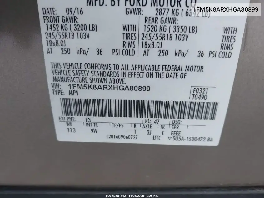 1FM5K8ARXHGA80899 2017 Ford Utility Police Interceptor
