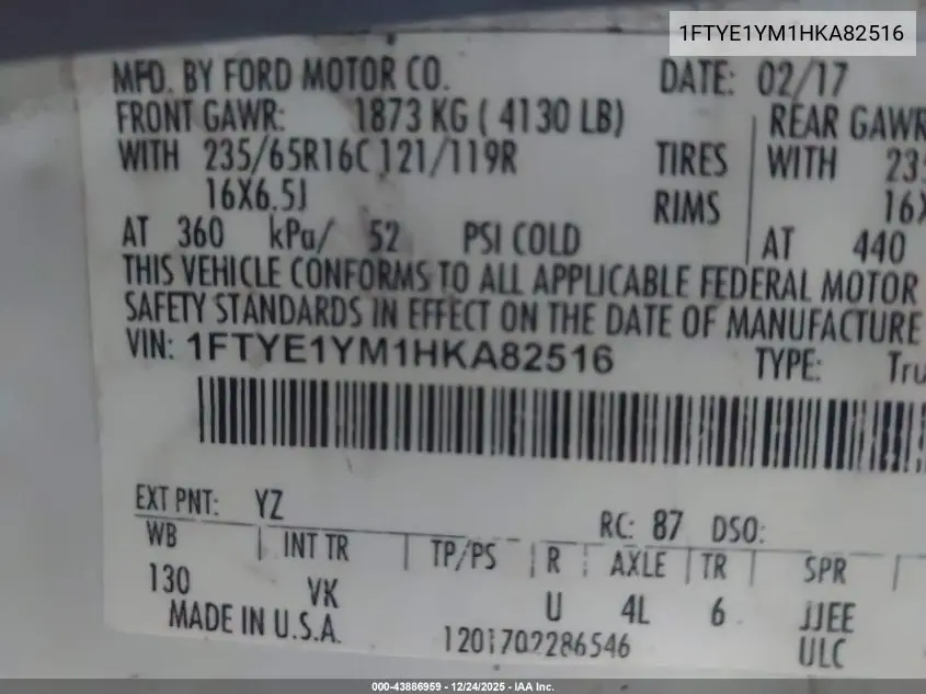 1FTYE1YM1HKA82516 2017 Ford Transit-150