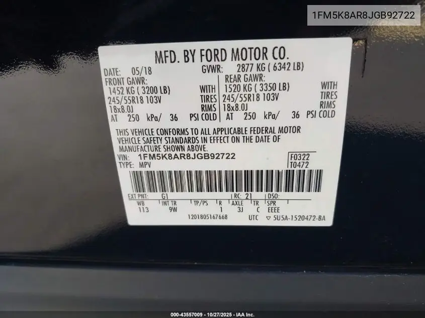 1FM5K8AR8JGB92722 2018 Ford Police Interceptor Utility