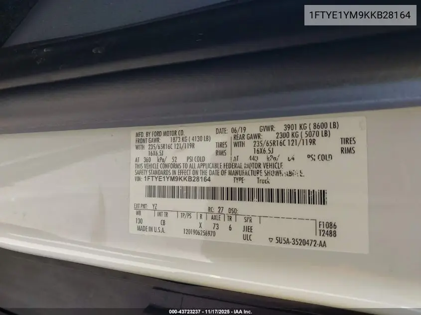 1FTYE1YM9KKB28164 2019 Ford Transit-150