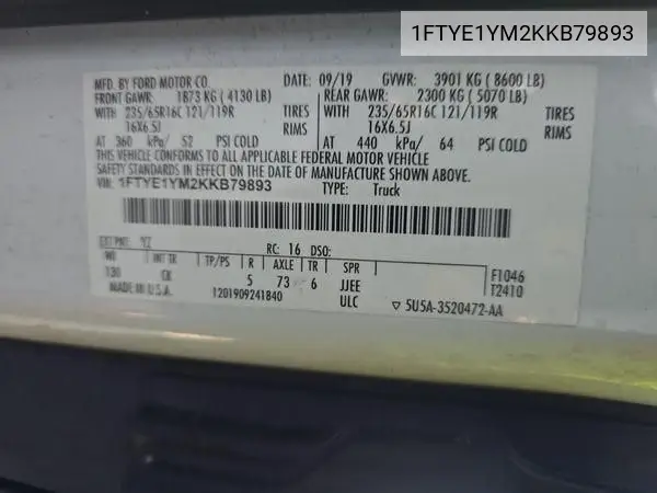 1FTYE1YM2KKB79893 2019 Ford Transit-150