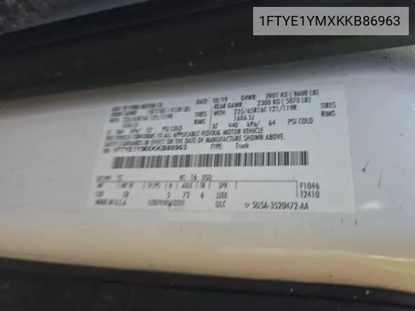 1FTYE1YMXKKB86963 2019 Ford Transit-150