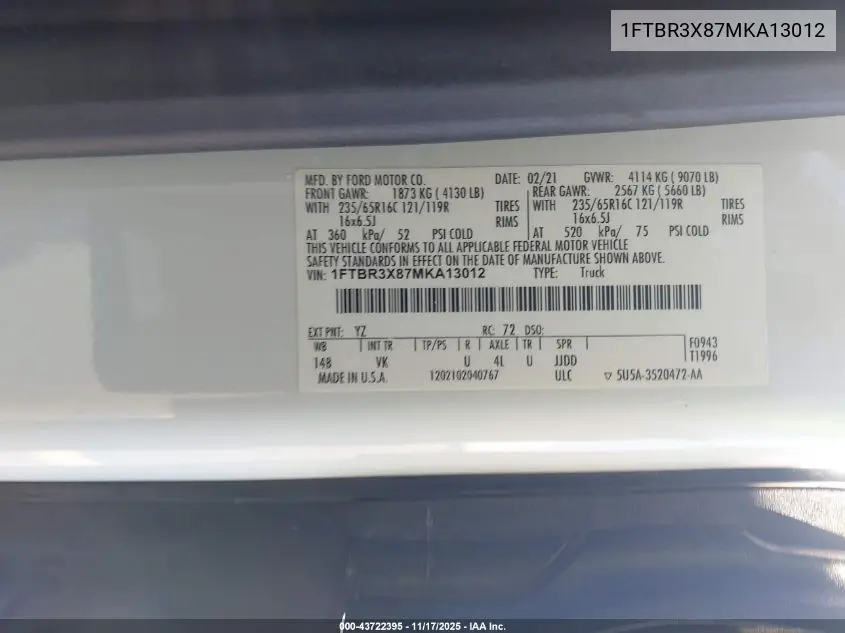 1FTBR3X87MKA13012 2021 Ford Transit-250 Cargo Van