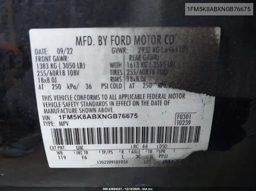 1FM5K8ABXNGB76675 2022 Ford Police Interceptor Utility