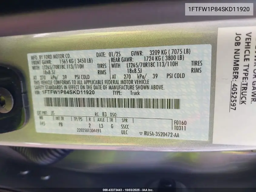1FTFW1P84SKD11920 2025 Ford F-150 Police Responder Xl