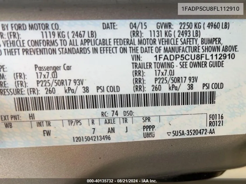 1FADP5CU8FL112910 2015 Ford C-Max Premium Sel