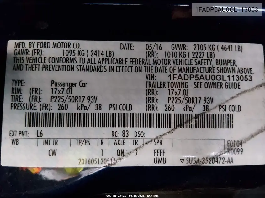 2016 Ford C-Max Hybrid Se VIN: 1FADP5AU0GL113053 Lot: 45122130