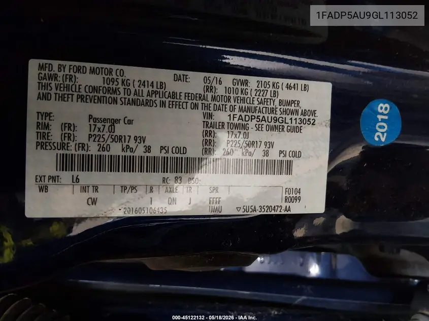 2016 Ford C-Max Hybrid Se VIN: 1FADP5AU9GL113052 Lot: 45122132