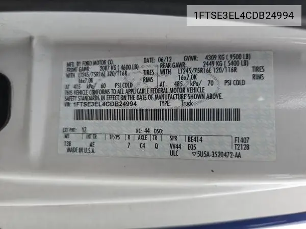 1FTSE3EL4CDB24994 2012 Ford E-350 Super Duty Commercial