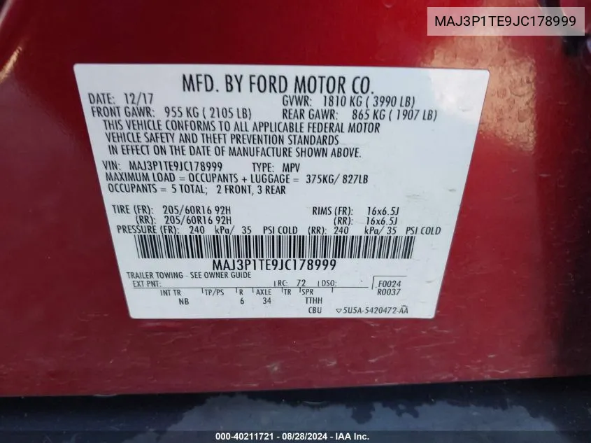 MAJ3P1TE9JC178999 2018 Ford Ecosport Se