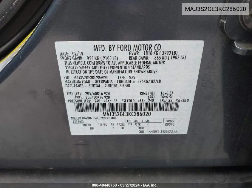 MAJ3S2GE3KC286020 2019 Ford Ecosport Se