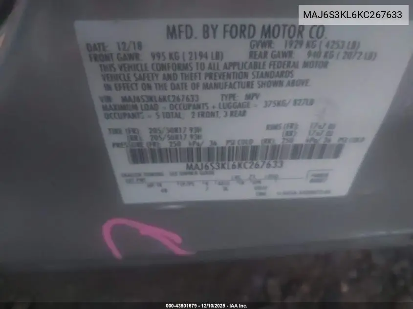 MAJ6S3KL6KC267633 2019 Ford Ecosport Titanium