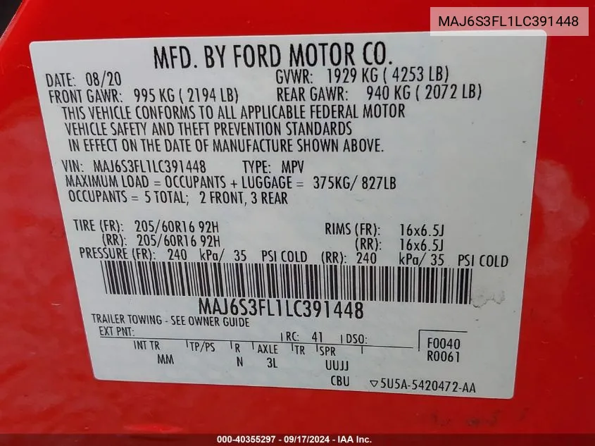 MAJ6S3FL1LC391448 2020 Ford Ecosport S