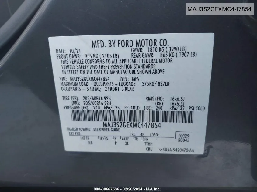 MAJ3S2GEXMC447854 2021 Ford Ecosport Se