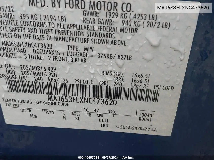 MAJ6S3FLXNC473620 2022 Ford Ecosport S