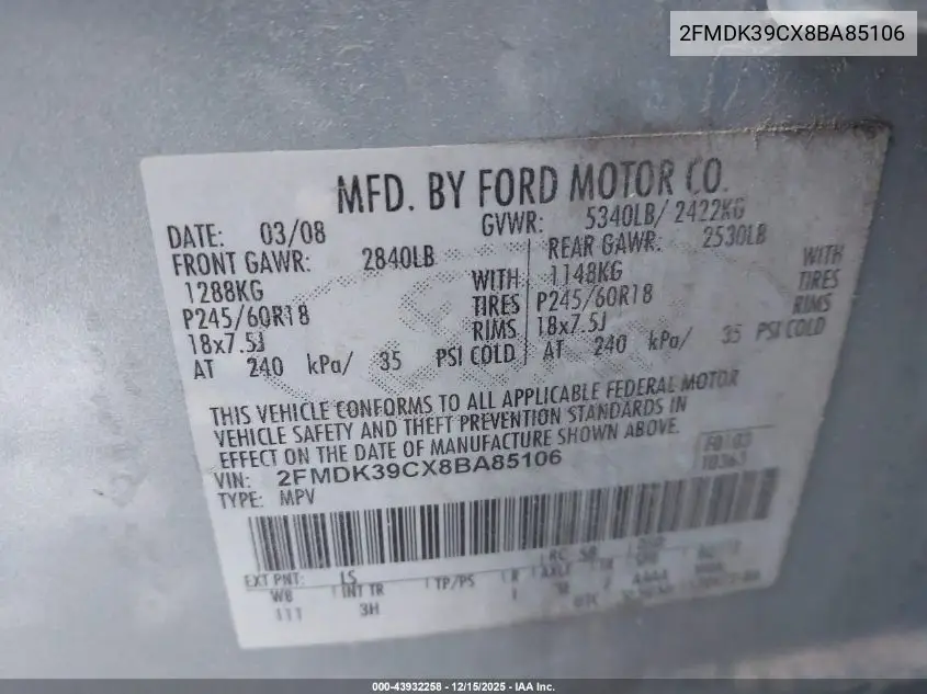 2FMDK39CX8BA85106 2008 Ford Edge Limited