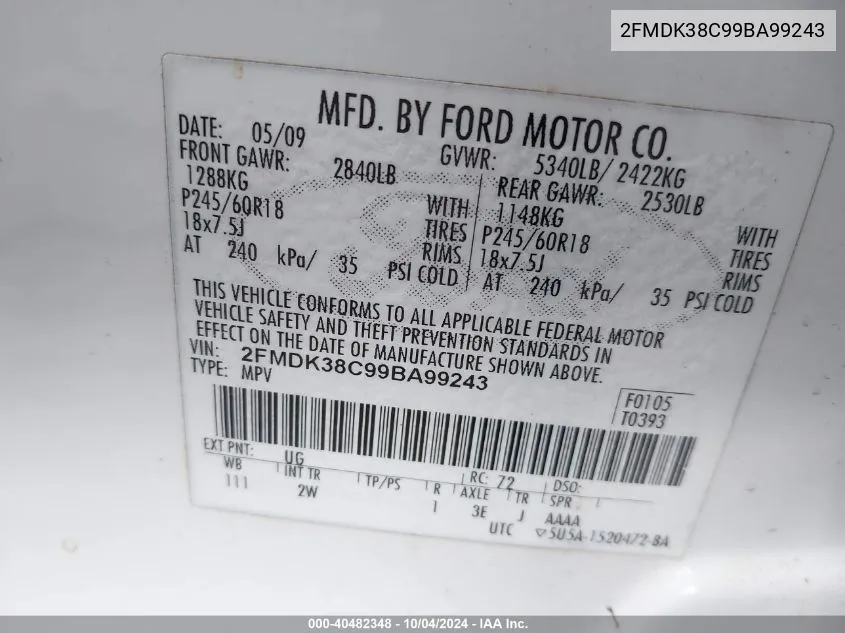 2FMDK38C99BA99243 2009 Ford Edge Sel