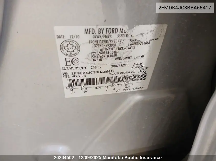 2FMDK4JC3BBA65417 2011 Ford Edge Sel