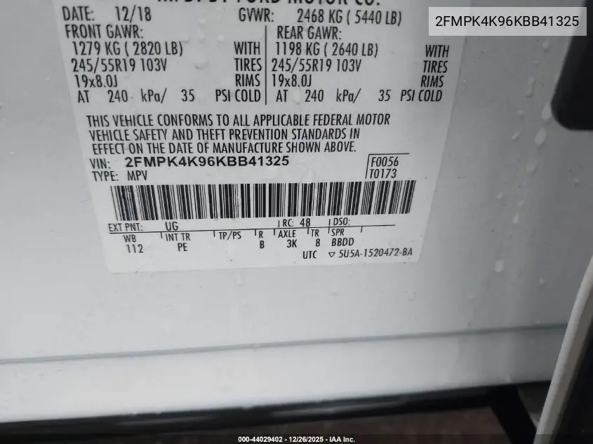 2FMPK4K96KBB41325 2019 Ford Edge Titanium