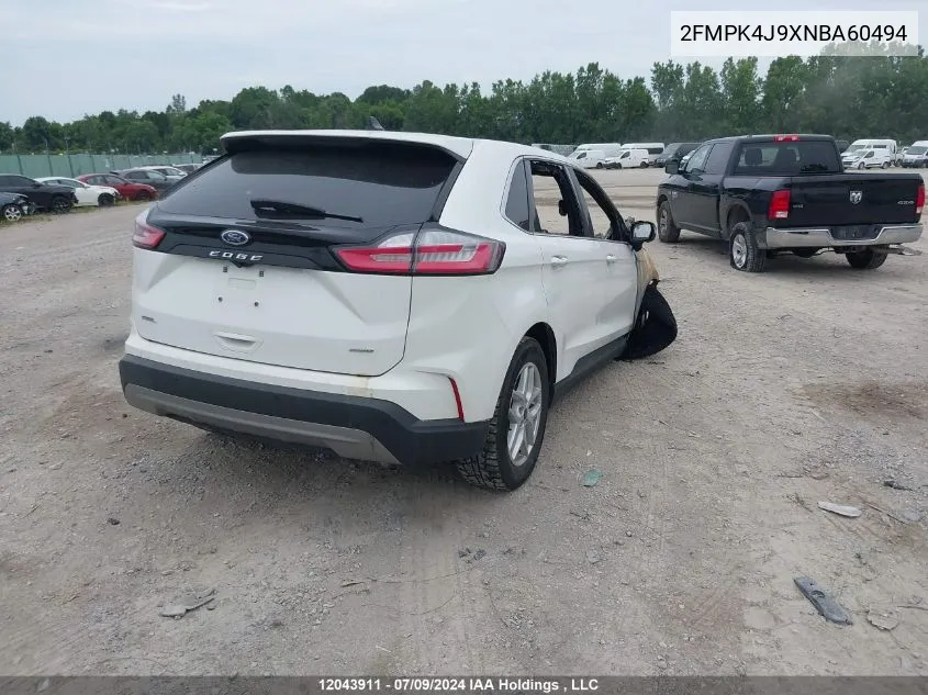 2022 Ford Edge Sel VIN: 2FMPK4J9XNBA60494 Lot: 12043911