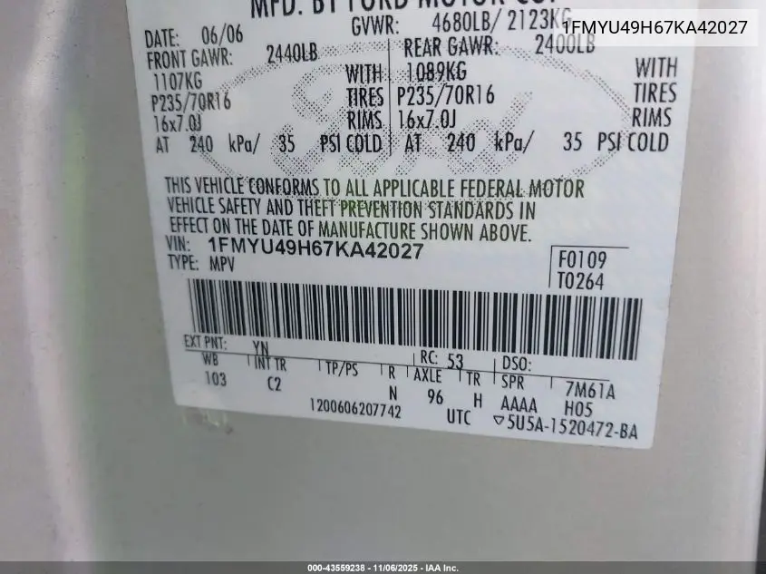 1FMYU49H67KA42027 2007 Ford Escape Hybrid