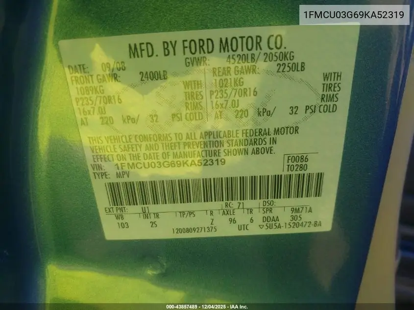 1FMCU03G69KA52319 2009 Ford Escape Xlt