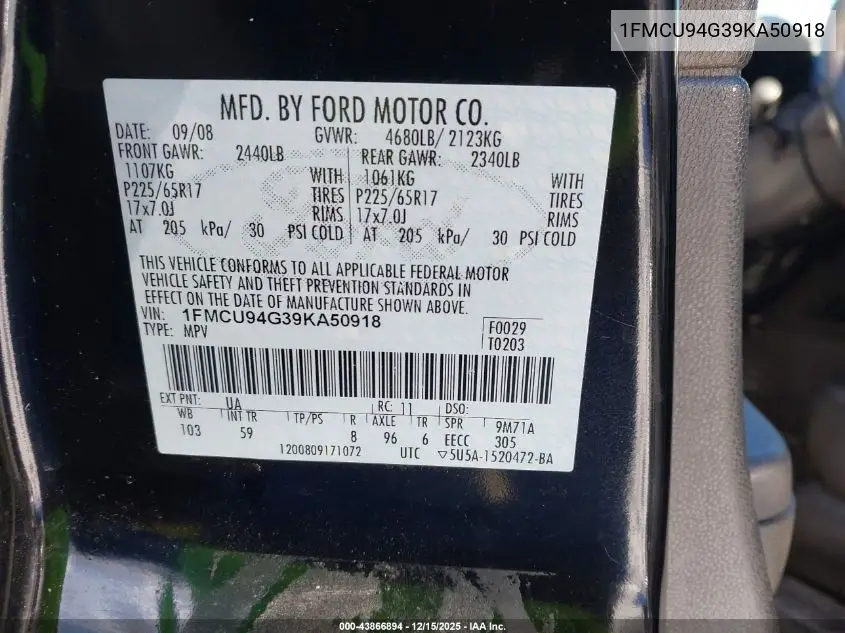 1FMCU94G39KA50918 2009 Ford Escape Limited