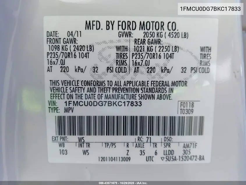 1FMCU0DG7BKC17833 2011 Ford Escape Xlt