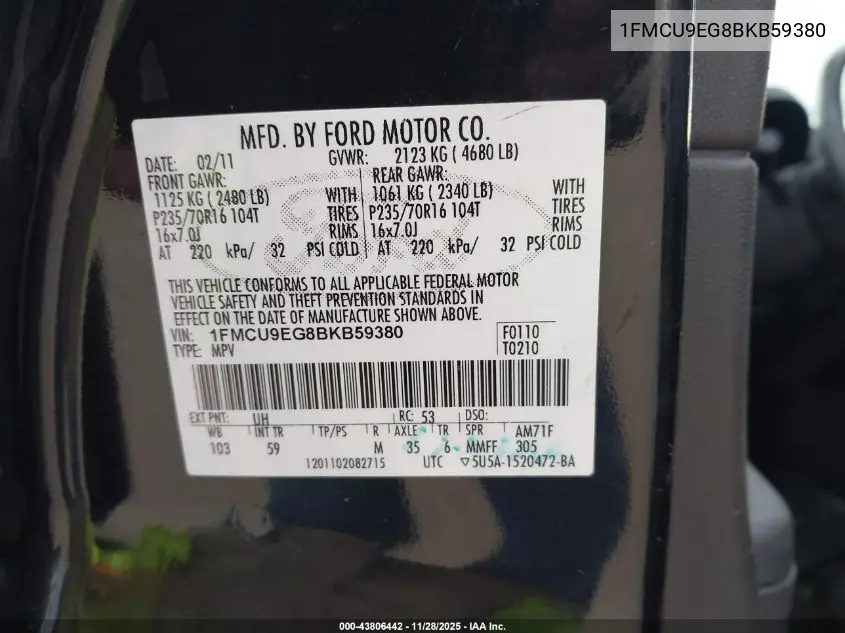 1FMCU9EG8BKB59380 2011 Ford Escape Limited