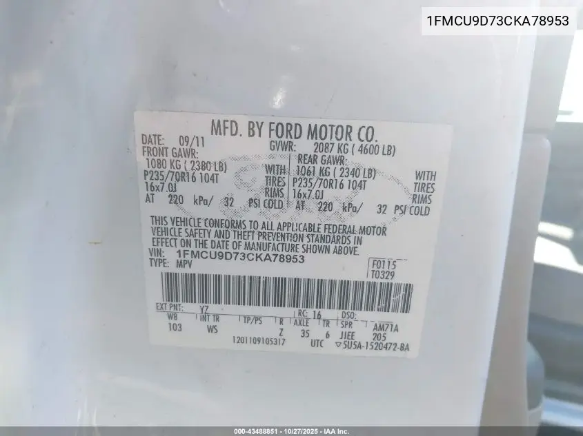 1FMCU9D73CKA78953 2012 Ford Escape Xlt