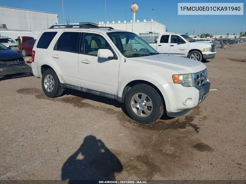 1FMCU0EG1CKA91940 2012 Ford Escape Limited