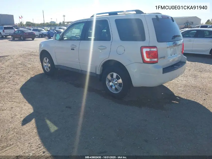 1FMCU0EG1CKA91940 2012 Ford Escape Limited