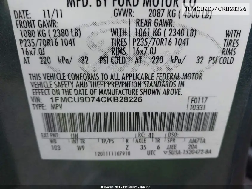 1FMCU9D74CKB28226 2012 Ford Escape Xlt