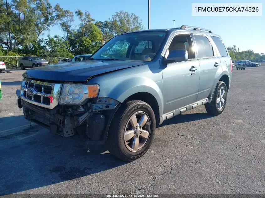 1FMCU0E75CKA74526 2012 Ford Escape Limited