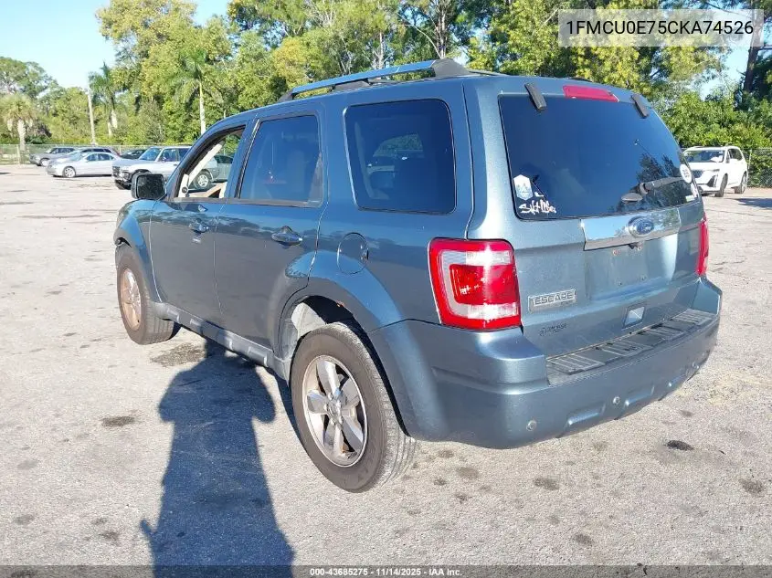 1FMCU0E75CKA74526 2012 Ford Escape Limited